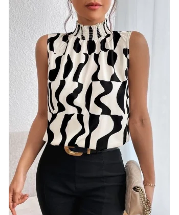 Kadın Kolsuz Balıkçı Yaka Desenli Süprem Bluz