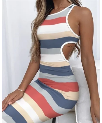 Kadın Kolsuz Bel Dekolte Detay şerit Desenli Pegasus Kumaş Elbise