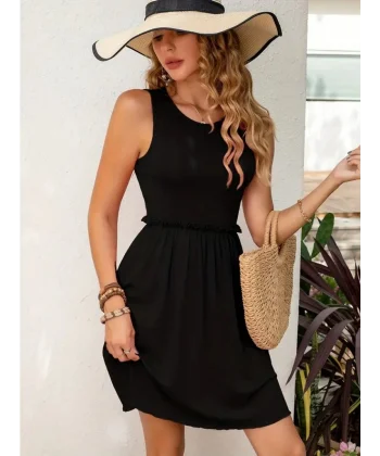 Kadın Kolsuz Bel Lastik Ve Büzgü Detay Viskon Mini Elbise