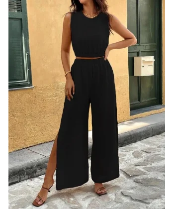 Kadın Kolsuz Beli Lastikli Atlet Ve Yırtmaç Detay Pantolon Ikili Takım