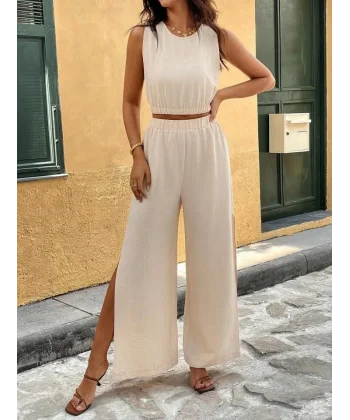 Kadın Kolsuz Beli Lastikli Atlet Ve Yırtmaç Detay Pantolon Ikili Takım