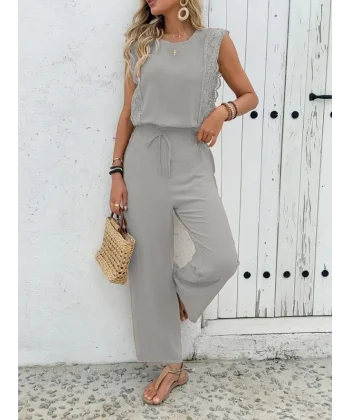 Kadın Kolsuz Bisiklet Yaka Aerobin Bluz Ve Bağcıklı Pantolon