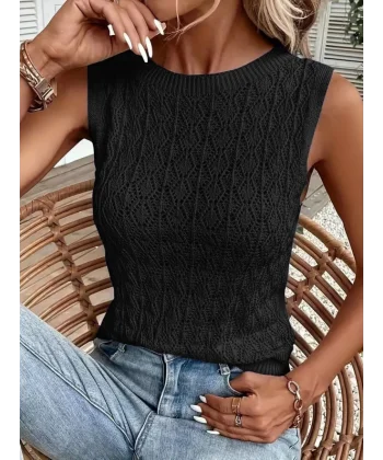 Kadın Kolsuz Bisiklet Yaka Ajurlu Triko Bluz