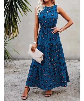 Kadın Kolsuz Bisiklet Yaka Beli Lastikli Desenli Süprem Elbise