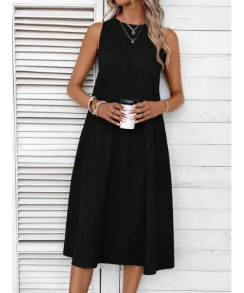 Kadın Kolsuz Bisiklet Yaka Cepli Midi Keten Elbise