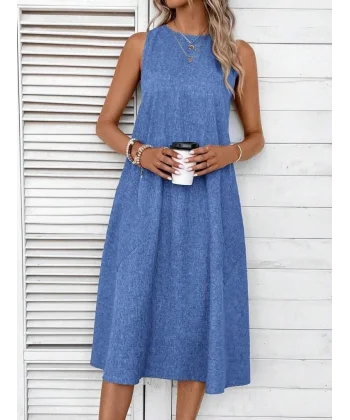 Kadın Kolsuz Bisiklet Yaka Cepli Midi Keten Elbise