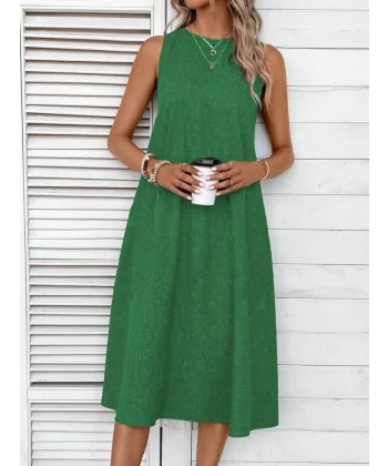 Kadın Kolsuz Bisiklet Yaka Cepli Midi Keten Elbise