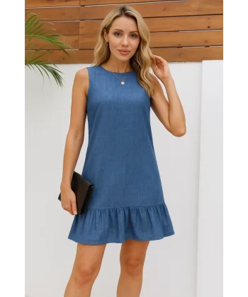 Kadın Kolsuz Bisiklet Yaka Fırfırlı Sofya Elbise