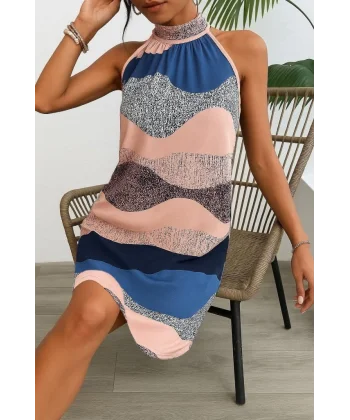 Kadın Kolsuz Boyundan Askılı Desenli Midi Süprem Elbise