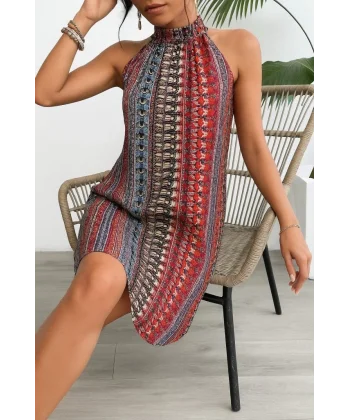 Kadın Kolsuz Boyundan Askılı Desenli Midi Süprem Elbise