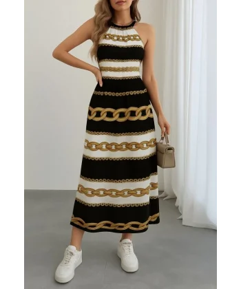 Kadın Kolsuz Boyundan Bağlamalı Beli Lastikli Dijital Baskı Süprem Uzun Elbise