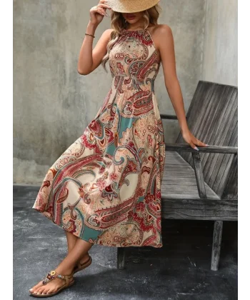 Kadın Kolsuz Boyundan Bağlamalı Beli Lastikli Etnik Desen Baskı Süprem Uzun Elbise