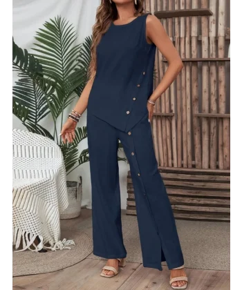 Kadın Kolsuz Düğmeli Asimetrik Detaylı Bürümcük Bluz Ve Pantolon Takım