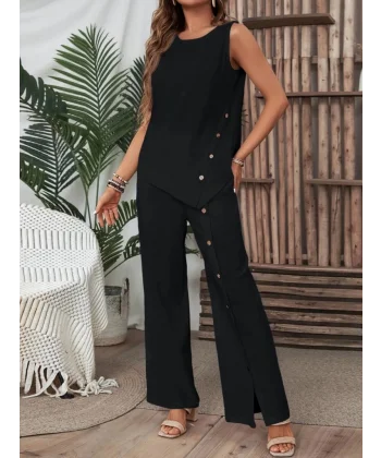 Kadın Kolsuz Düğmeli Asimetrik Detaylı Bürümcük Bluz Ve Pantolon Takım