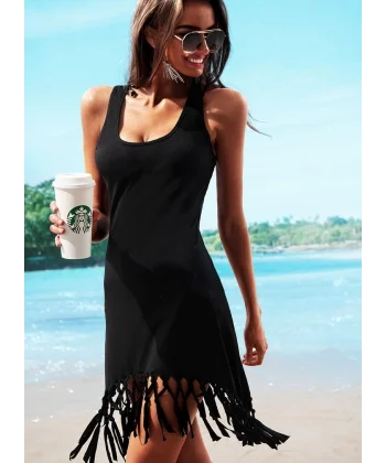 Kadın Kolsuz Eteği Püsküllü Viskon Elbise