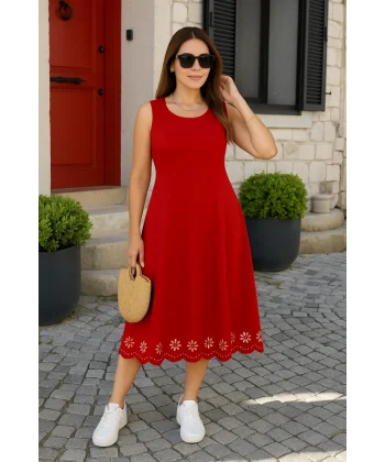 Kadın Kolsuz Etek Ucu Lazer Kesim çiçek Desenli Midi Boy Ithal Krep Elbise