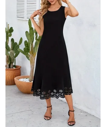 Kadın Kolsuz Etek Ucu Lazer Kesim çiçek Desenli Midi Boy Ithal Krep Elbise