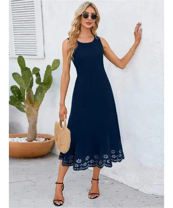 Kadın Kolsuz Etek Ucu Lazer Kesim çiçek Desenli Midi Boy Ithal Krep Elbise