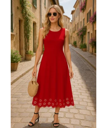 Kadın Kolsuz Etek Ucu Lazer Kesim çiçek Desenli Midi Boy Ithal Krep Elbise