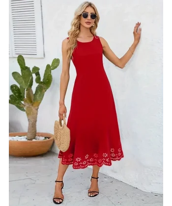 Kadın Kolsuz Etek Ucu Lazer Kesim çiçek Desenli Midi Boy Ithal Krep Elbise