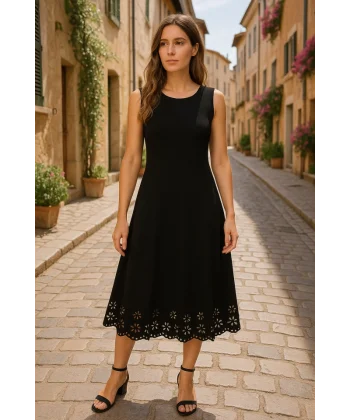 Kadın Kolsuz Etek Ucu Lazer Kesim çiçek Desenli Midi Boy Ithal Krep Elbise