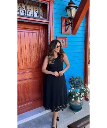 Kadın Kolsuz Etek Ucu Lazer Kesim çiçek Desenli Midi Boy Janjan Krep Elbise