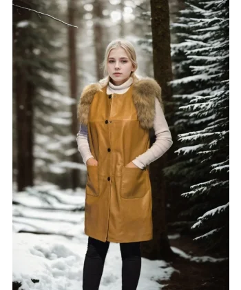 Kadın Kolsuz Hakiki Deri Kürk - Hardal