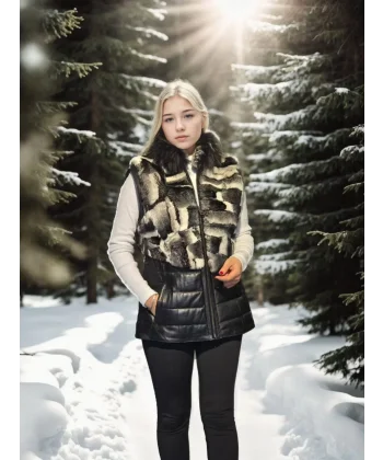 Kadın Kolsuz Hakiki Deri Kürk - Siyah