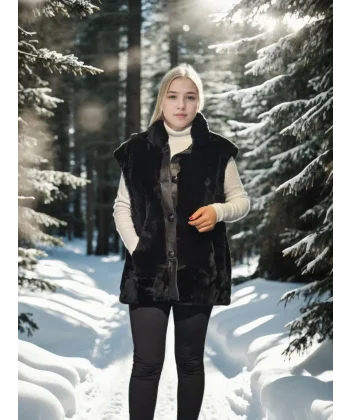 Kadın Kolsuz Hakiki Yelek - Siyah