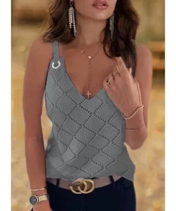 Kadın Kolsuz Halka Detay Baklava Desen Askılı Triko Bluz