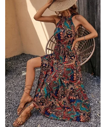 Kadın Kolsuz Halter Yaka Beli Lastikli  Otantik Desenli Mikro Kumaş Elbise