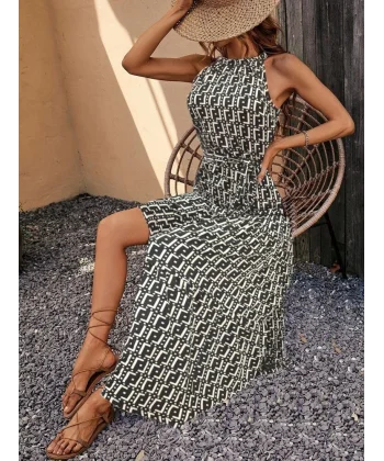 Kadın Kolsuz Halter Yaka Beli Lastiklidesenli Mikro Elbise