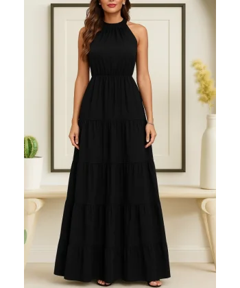 Kadın Kolsuz Halter Yaka Beli Lastiklidesenli Mikro Elbise