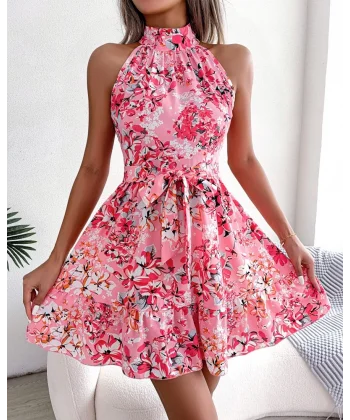 Kadın Kolsuz Halter Yaka çiçek Baskılı Eteği Volanlı Sandy Elbise
