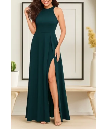 Kadın Kolsuz Halter Yaka Derin Yırtmaç Detaylı Tam Boy Ithal Krep Elbise