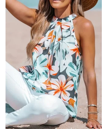 Kadın Kolsuz Halter Yaka Desenli Bluz