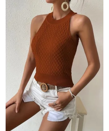 Kadın Kolsuz Halter Yaka Mini Baklava Desenli Triko Bluz