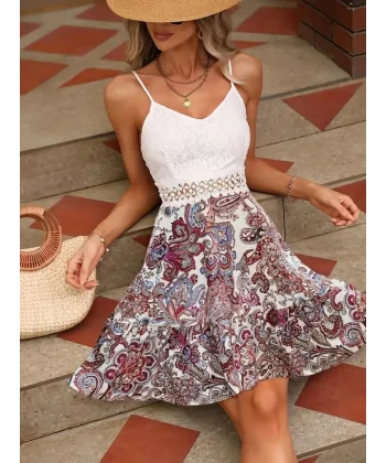 Kadın Kolsuz Ip Askılı önü Güpürlü V Yakalı çiçek Baskılı Süprem Elbise