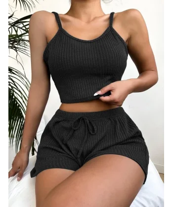 Kadın Kolsuz Ip Askılı V Yakalı Krop Bluz Kalın Fitilli Kaşkorse Ikili Takım