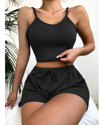 Kadın Kolsuz Ip Askılı V Yakalı Krop Bluz Kalın Fitilli Kaşkorse Ikili Takım