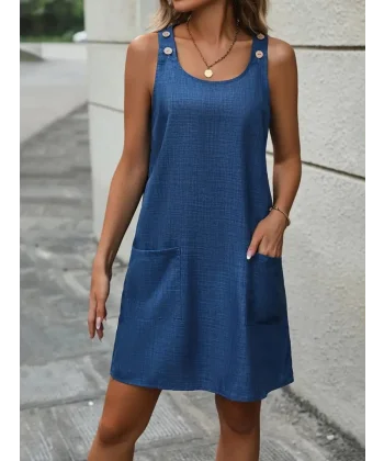 Kadın Kolsuz Kalın Askılı Düğme Detay Cepli Keten Elbise