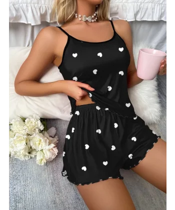 Kadın Kolsuz Kalp Desen şortlu Süprem Pijama Takımı