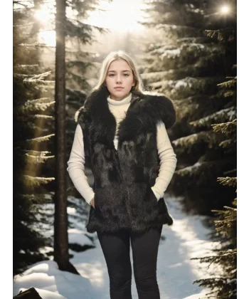 Kadın Kolsuz Kapüşonlu Yelek - Siyah