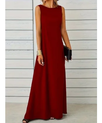Kadın Kolsuz Kayık Yaka Maksi Janjan Krep Elbise