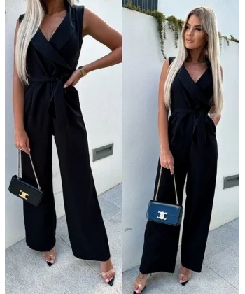 Kadın Kolsuz Kruvaze Yaka Kuşaklı Krep Tulum