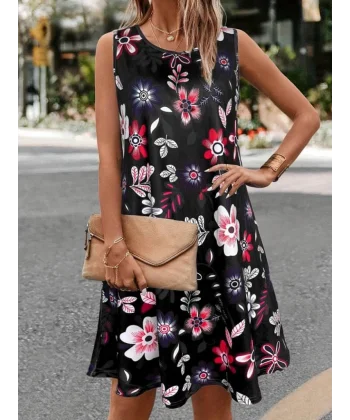 Kadın Kolsuz Renkli çiçek Baskılı Süprem Elbise