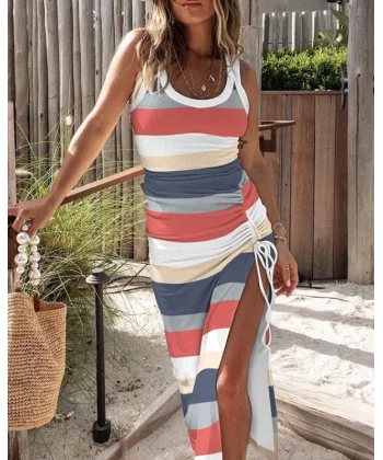 Kadın Kolsuz şerit Desenli Büzgü Yırtmaçlı Pegasus Kumaş Elbise