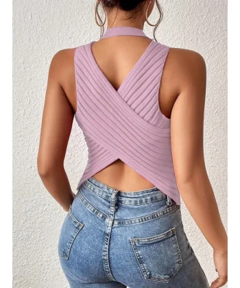 Kadın Kolsuz Sırt çapraz Detay Triko Bluz