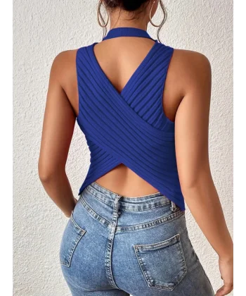 Kadın Kolsuz Sırt çapraz Detay Triko Bluz