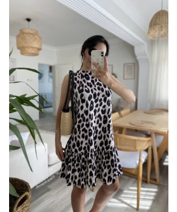 Kadın Kolsuz Sırttan Bağlamalı Fırfırlı Leopar Desenli Süprem Elbise